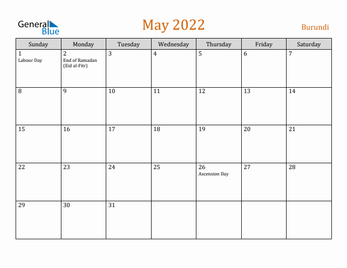 May 2022 Holiday Calendar with Sunday Start