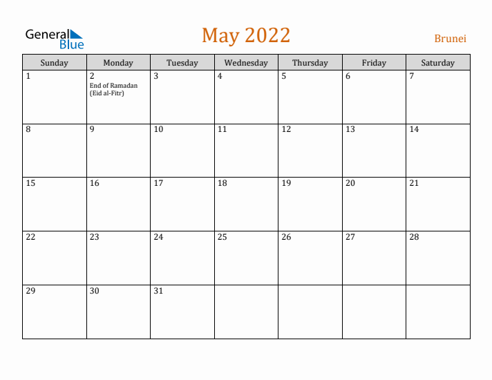 May 2022 Holiday Calendar with Sunday Start