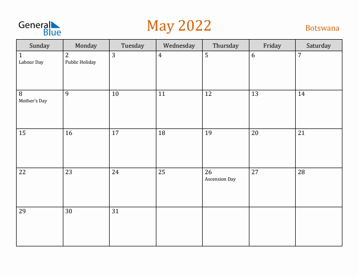 May 2022 Holiday Calendar with Sunday Start