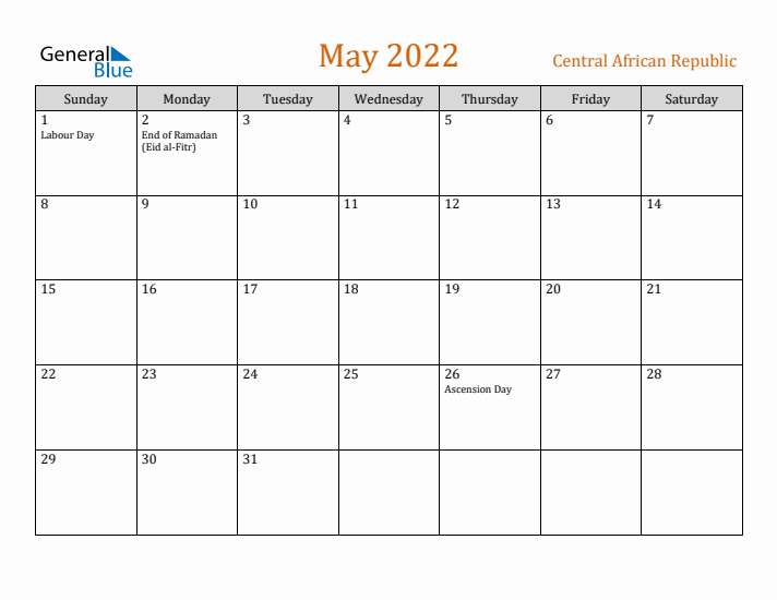 May 2022 Holiday Calendar with Sunday Start