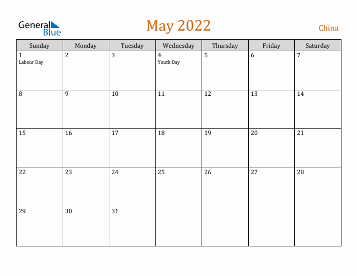 May 2022 Holiday Calendar with Sunday Start