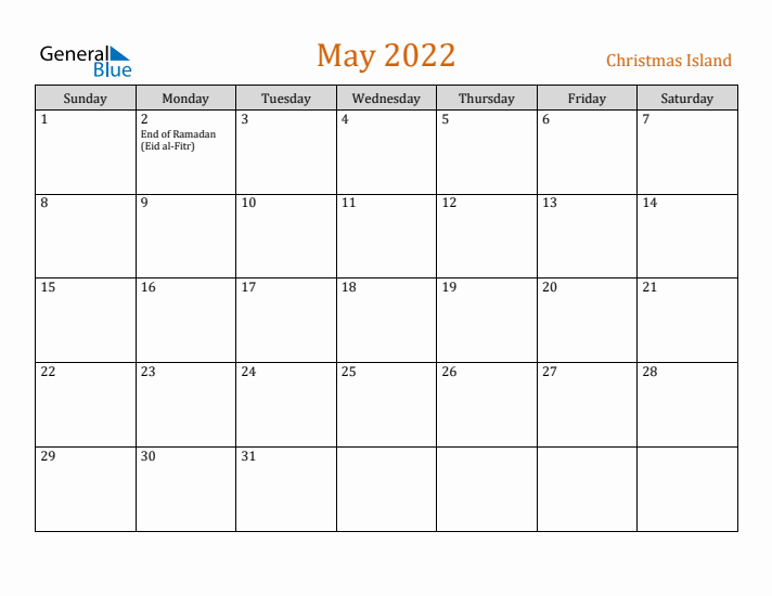 May 2022 Holiday Calendar with Sunday Start