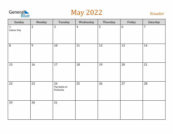 May 2022 Holiday Calendar with Sunday Start