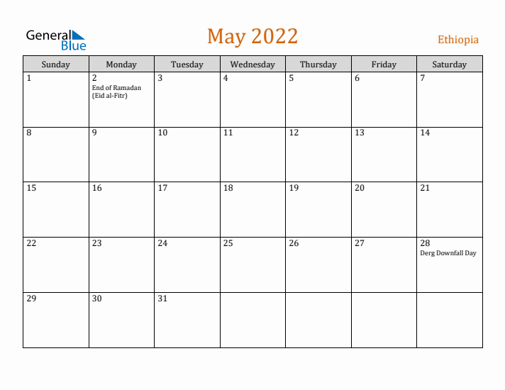 May 2022 Holiday Calendar with Sunday Start