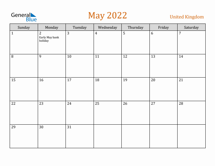 May 2022 Holiday Calendar with Sunday Start