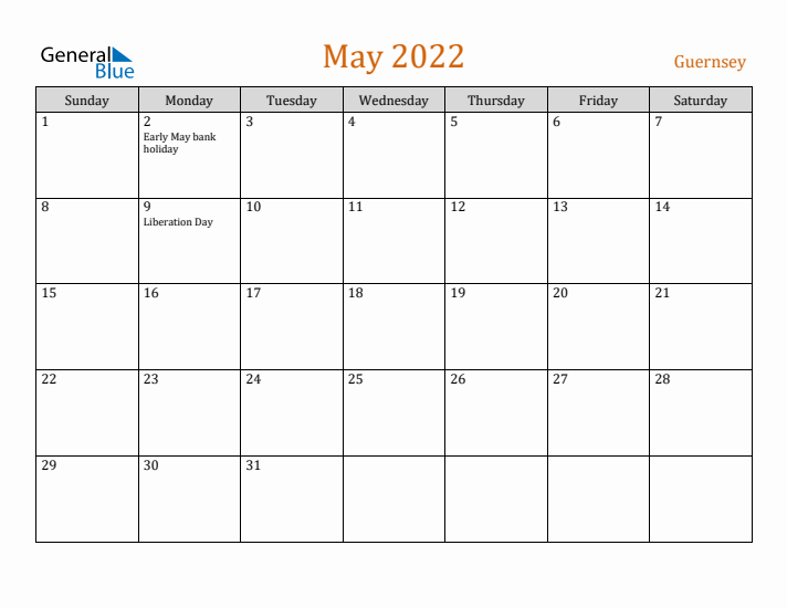 May 2022 Holiday Calendar with Sunday Start