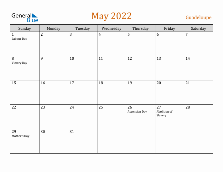 May 2022 Holiday Calendar with Sunday Start