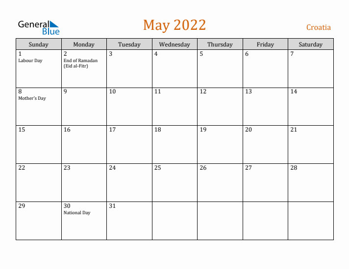 May 2022 Holiday Calendar with Sunday Start