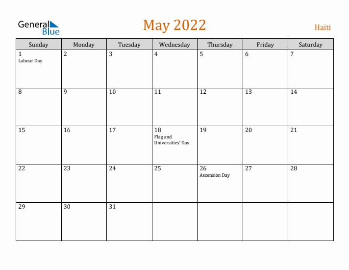 May 2022 Holiday Calendar with Sunday Start