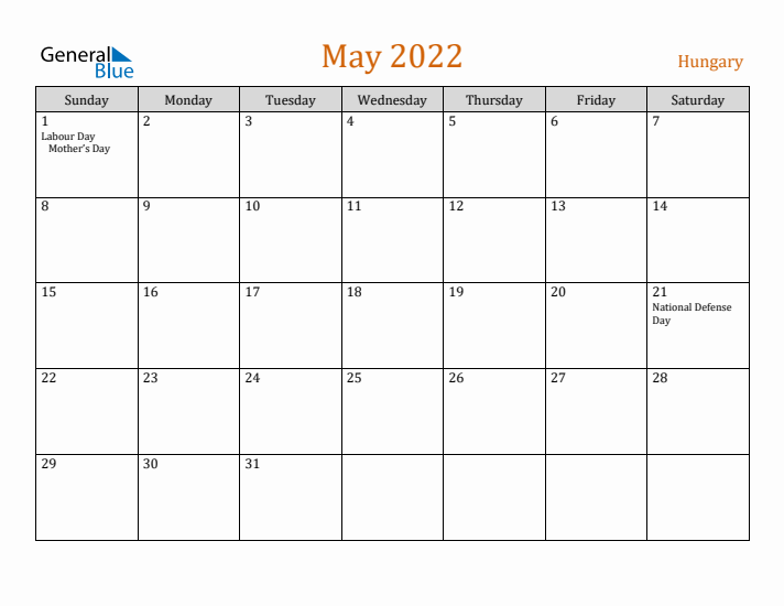 May 2022 Holiday Calendar with Sunday Start