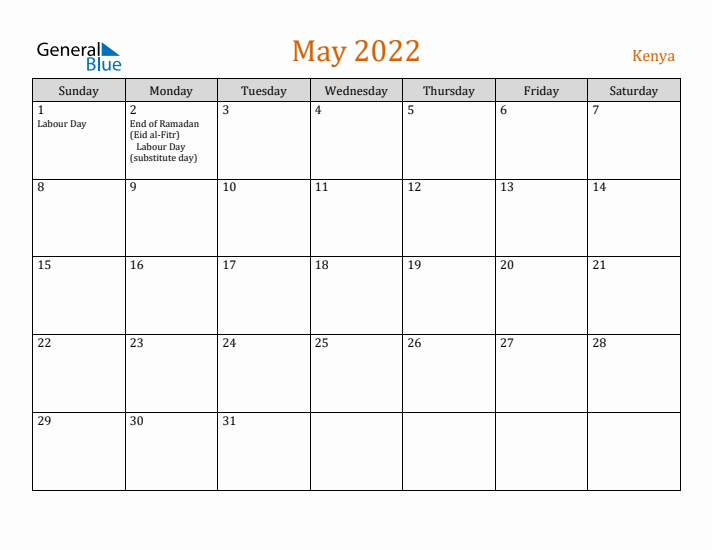 May 2022 Holiday Calendar with Sunday Start