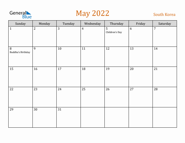 May 2022 Holiday Calendar with Sunday Start