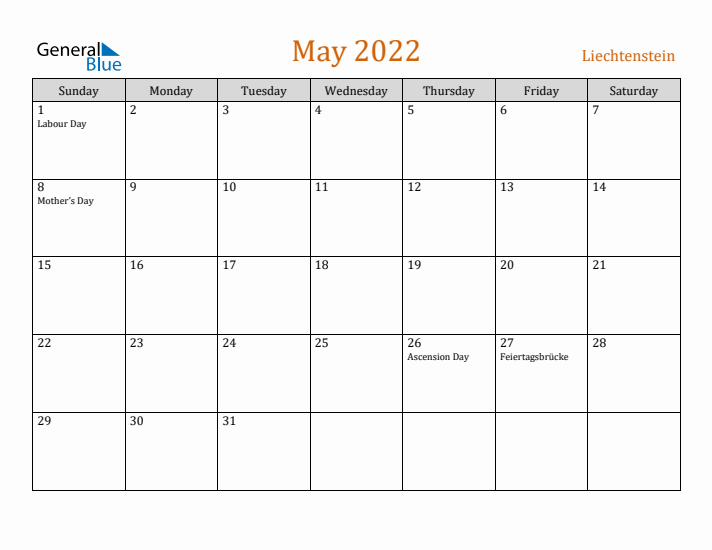 May 2022 Holiday Calendar with Sunday Start