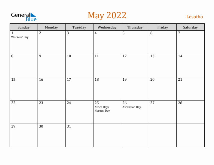 May 2022 Holiday Calendar with Sunday Start