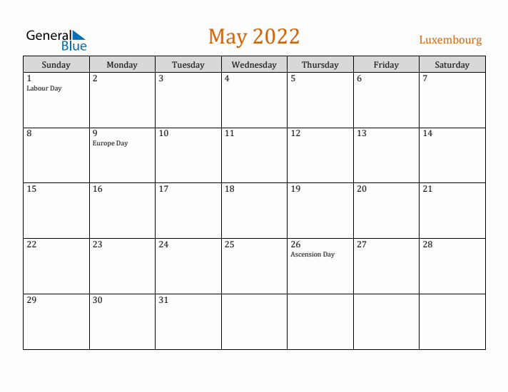 May 2022 Holiday Calendar with Sunday Start