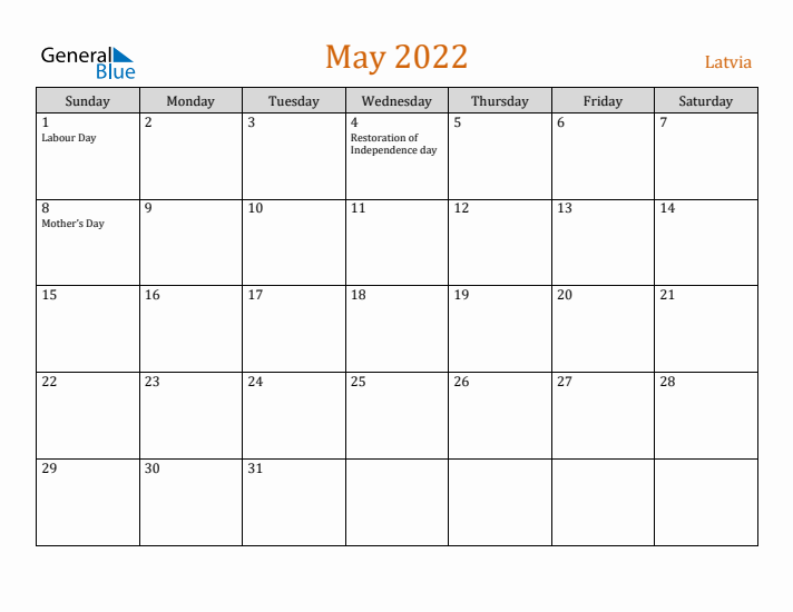 May 2022 Holiday Calendar with Sunday Start