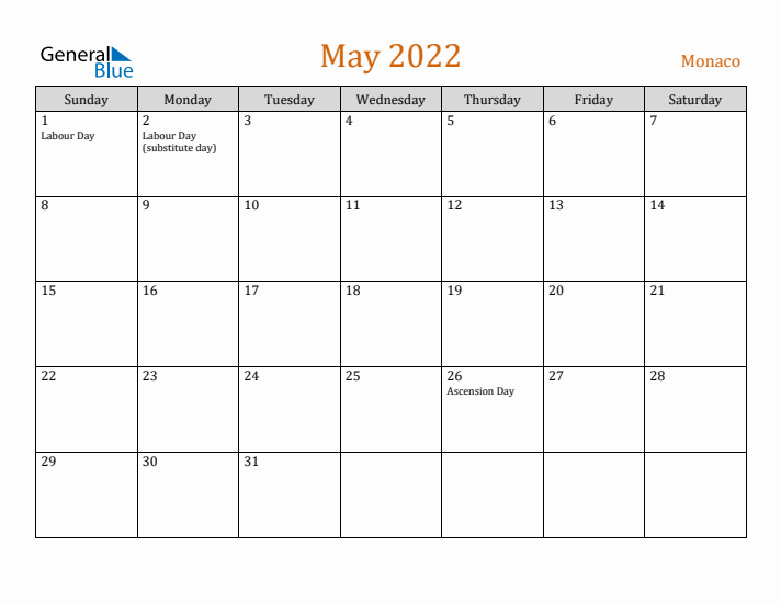 May 2022 Holiday Calendar with Sunday Start