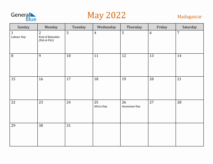 May 2022 Holiday Calendar with Sunday Start