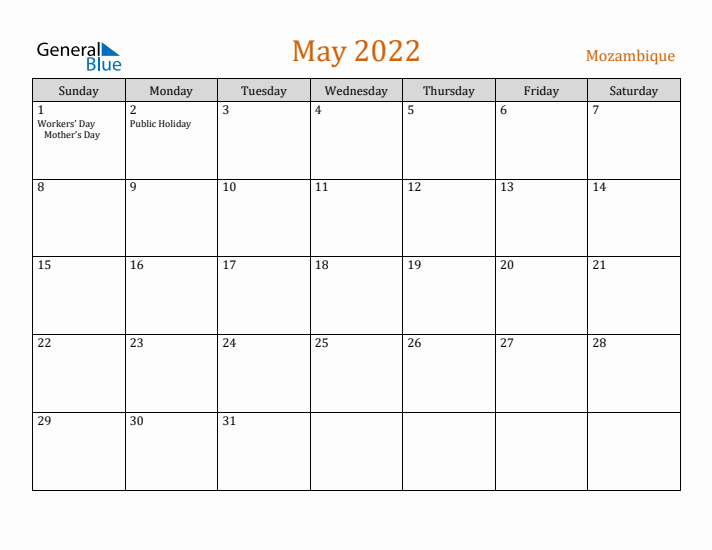 May 2022 Holiday Calendar with Sunday Start