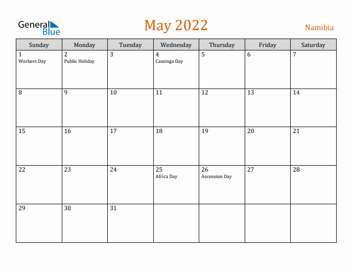 May 2022 Holiday Calendar with Sunday Start