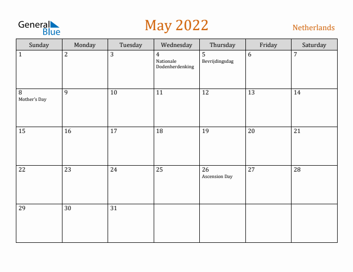 May 2022 Holiday Calendar with Sunday Start