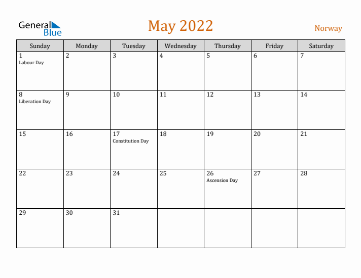 May 2022 Holiday Calendar with Sunday Start