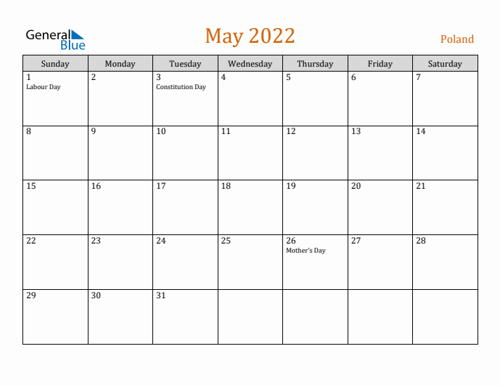 May 2022 Holiday Calendar with Sunday Start