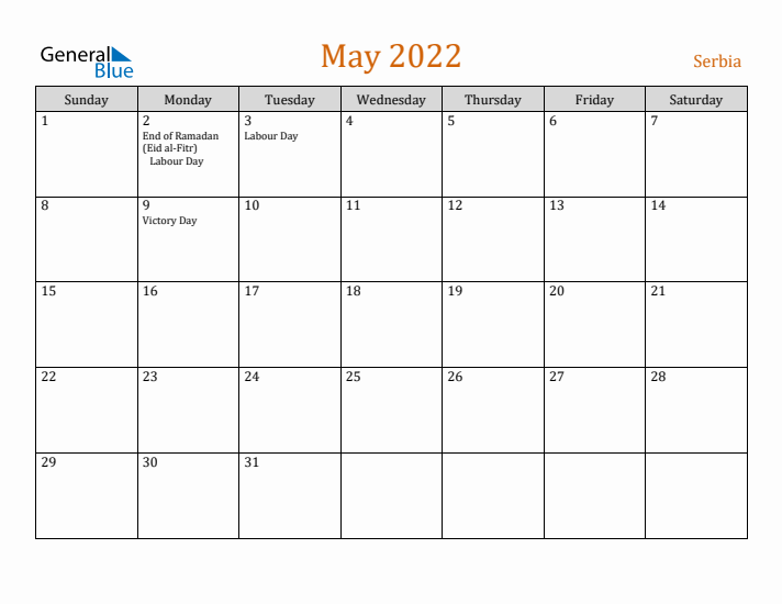 May 2022 Holiday Calendar with Sunday Start