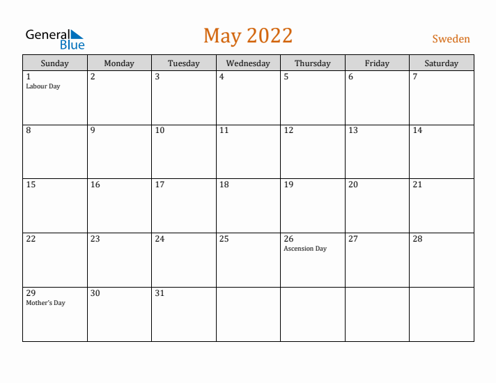 May 2022 Holiday Calendar with Sunday Start