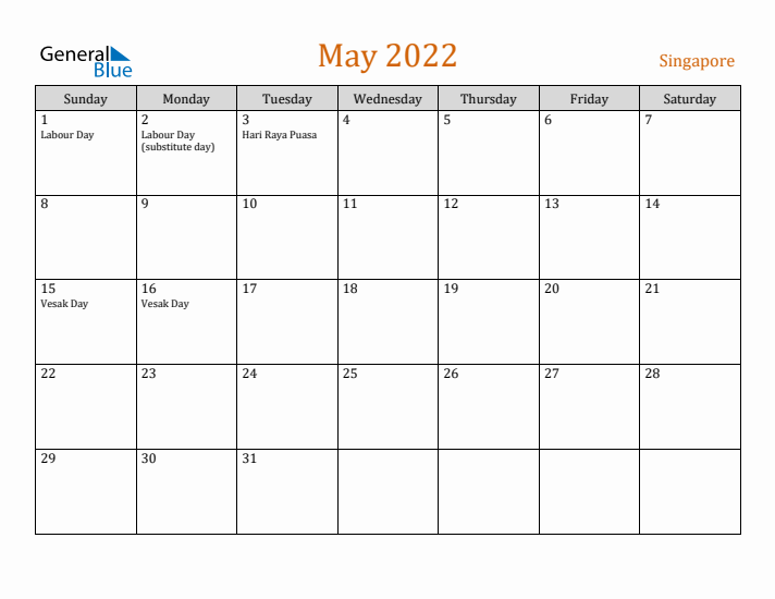 May 2022 Holiday Calendar with Sunday Start