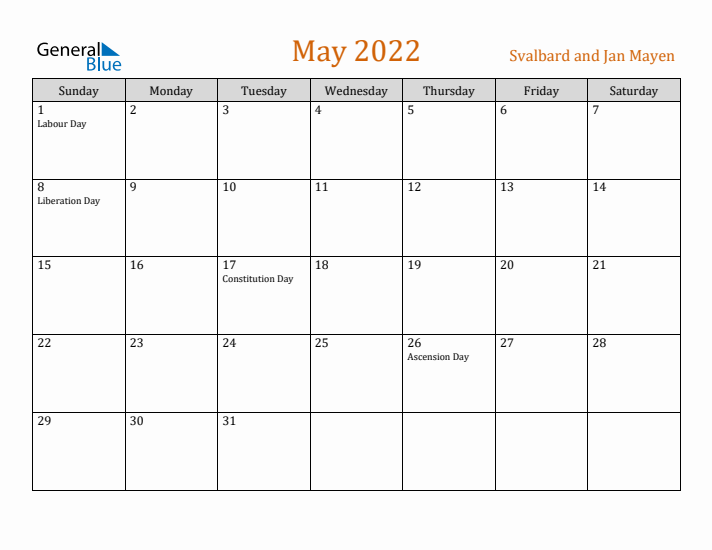 May 2022 Holiday Calendar with Sunday Start