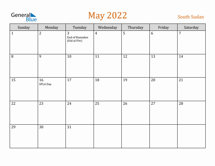 May 2022 Holiday Calendar with Sunday Start