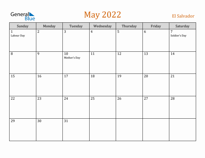 May 2022 Holiday Calendar with Sunday Start