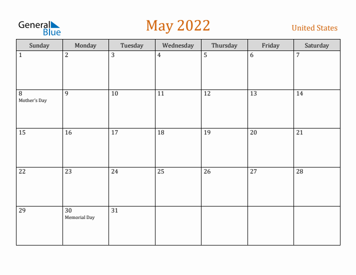 May 2022 Holiday Calendar with Sunday Start