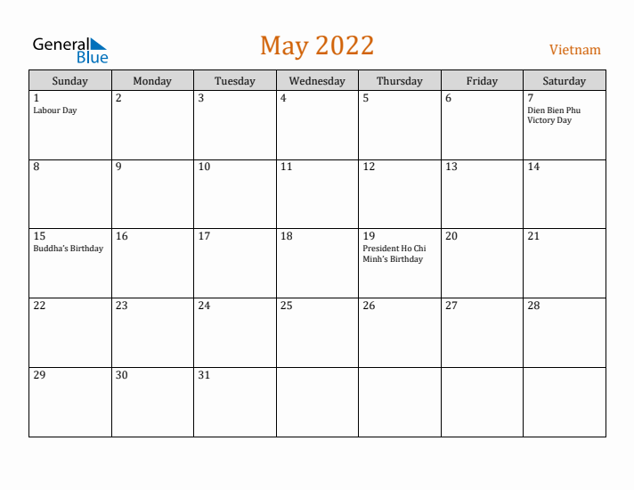 May 2022 Holiday Calendar with Sunday Start