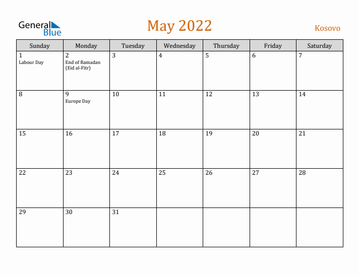 May 2022 Holiday Calendar with Sunday Start