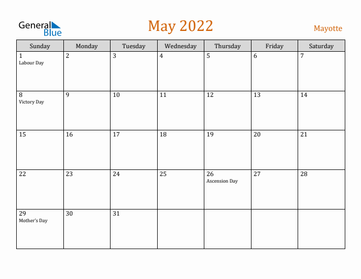 May 2022 Holiday Calendar with Sunday Start