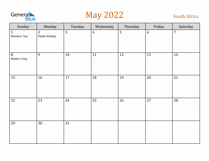 May 2022 Holiday Calendar with Sunday Start