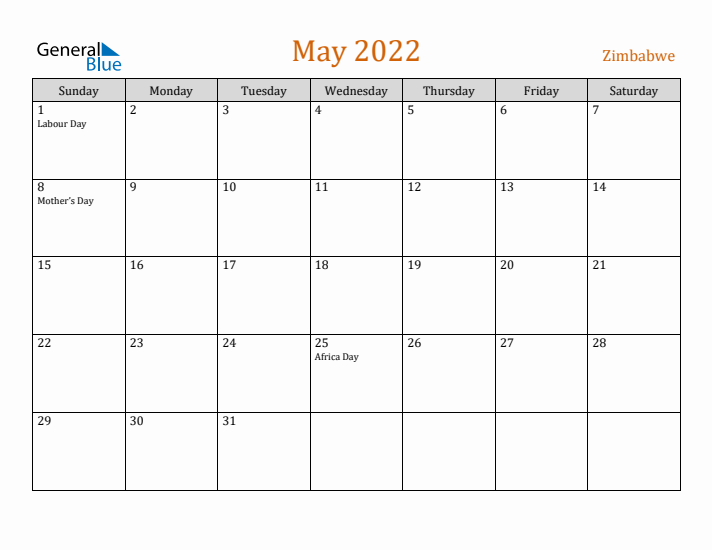 May 2022 Holiday Calendar with Sunday Start