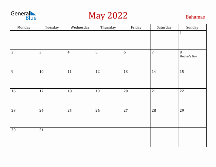 Bahamas May 2022 Calendar - Monday Start