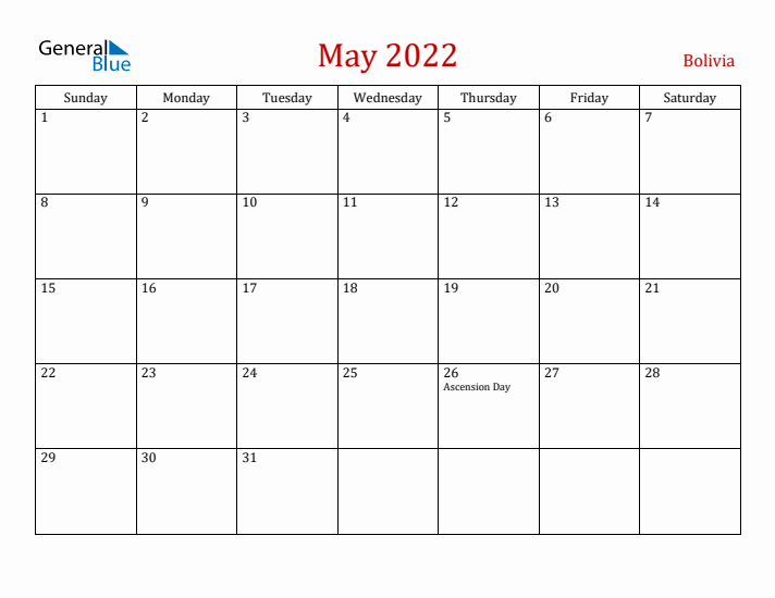 Bolivia May 2022 Calendar - Sunday Start