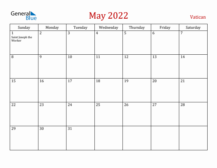 Vatican May 2022 Calendar - Sunday Start