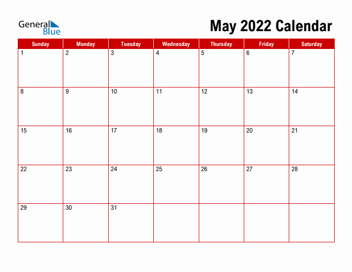 Simple Monthly Calendar - May 2022