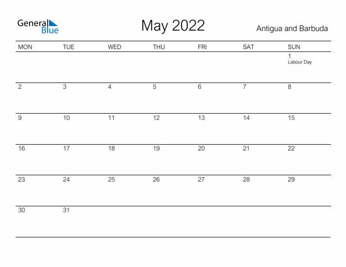 Printable May 2022 Calendar for Antigua and Barbuda