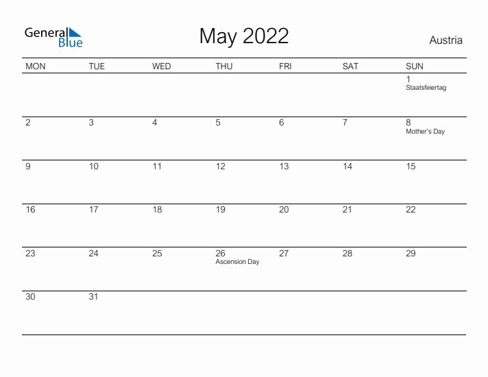 Printable May 2022 Calendar for Austria