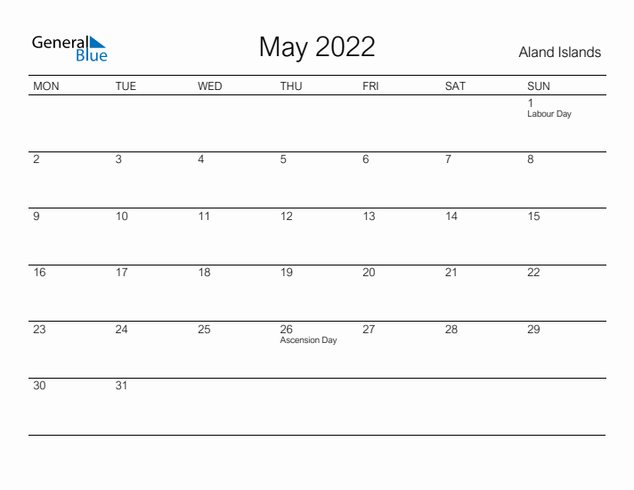 Printable May 2022 Calendar for Aland Islands