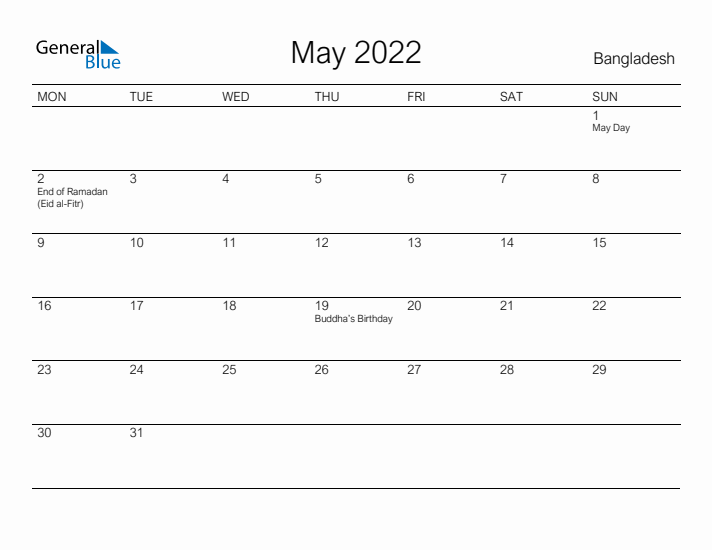 Printable May 2022 Calendar for Bangladesh