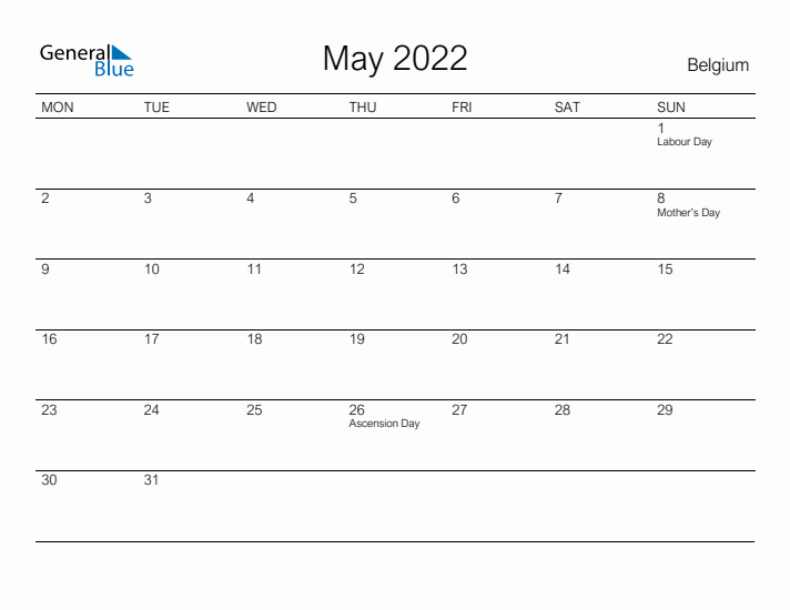 Printable May 2022 Calendar for Belgium