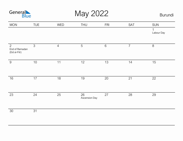 Printable May 2022 Calendar for Burundi