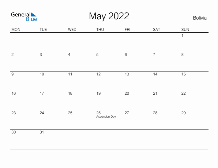 Printable May 2022 Calendar for Bolivia